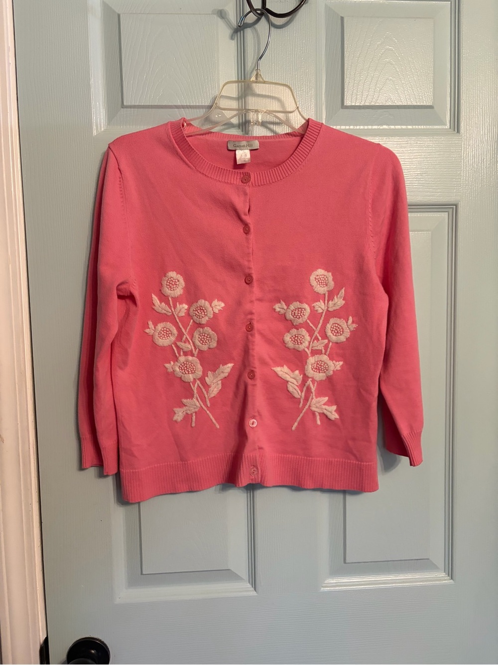 Garnet Hill Pink Cardigan with White Embroidered Flowers